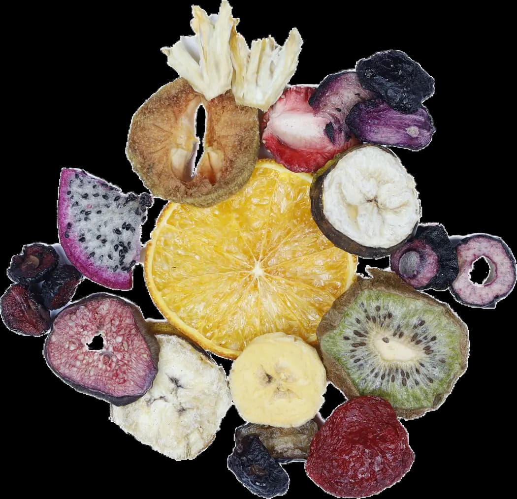 An assortment of vacuum-dried fruit slices — orange, kiwi, dragon fruit, banana, fig, strawberry and jackfruit.