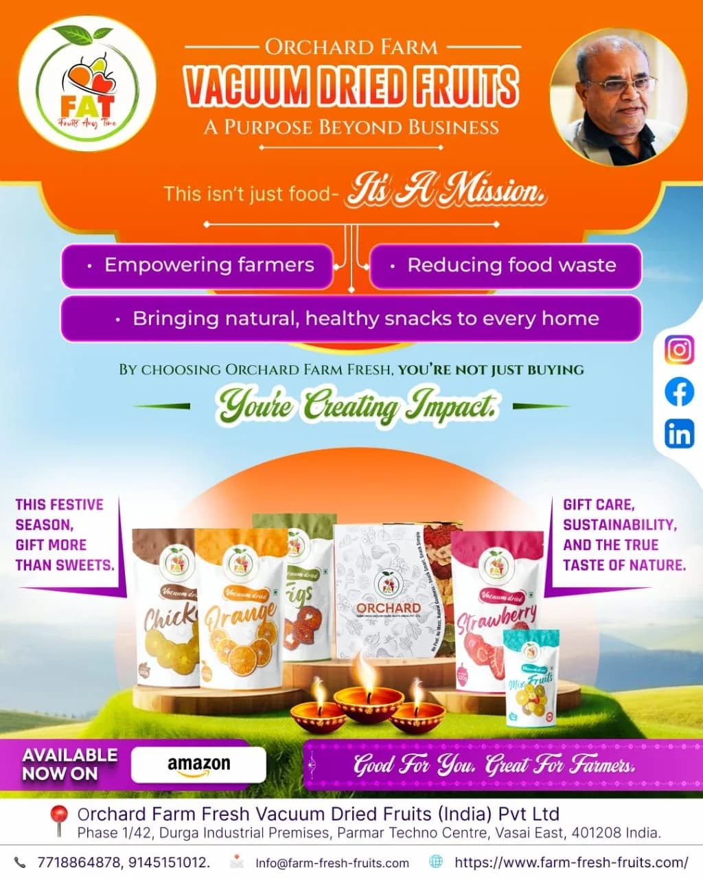 FatFruits festive campaign poster: vacuum dried fruits gift packs from Orchard Farm.