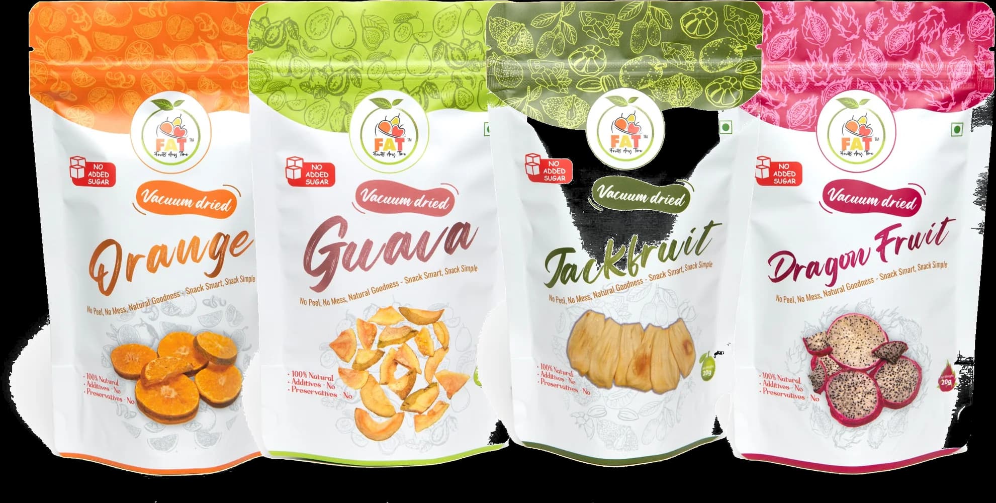 Vacuum dried Orange, Guava, Jackfruit and Dragon Fruit pouches.