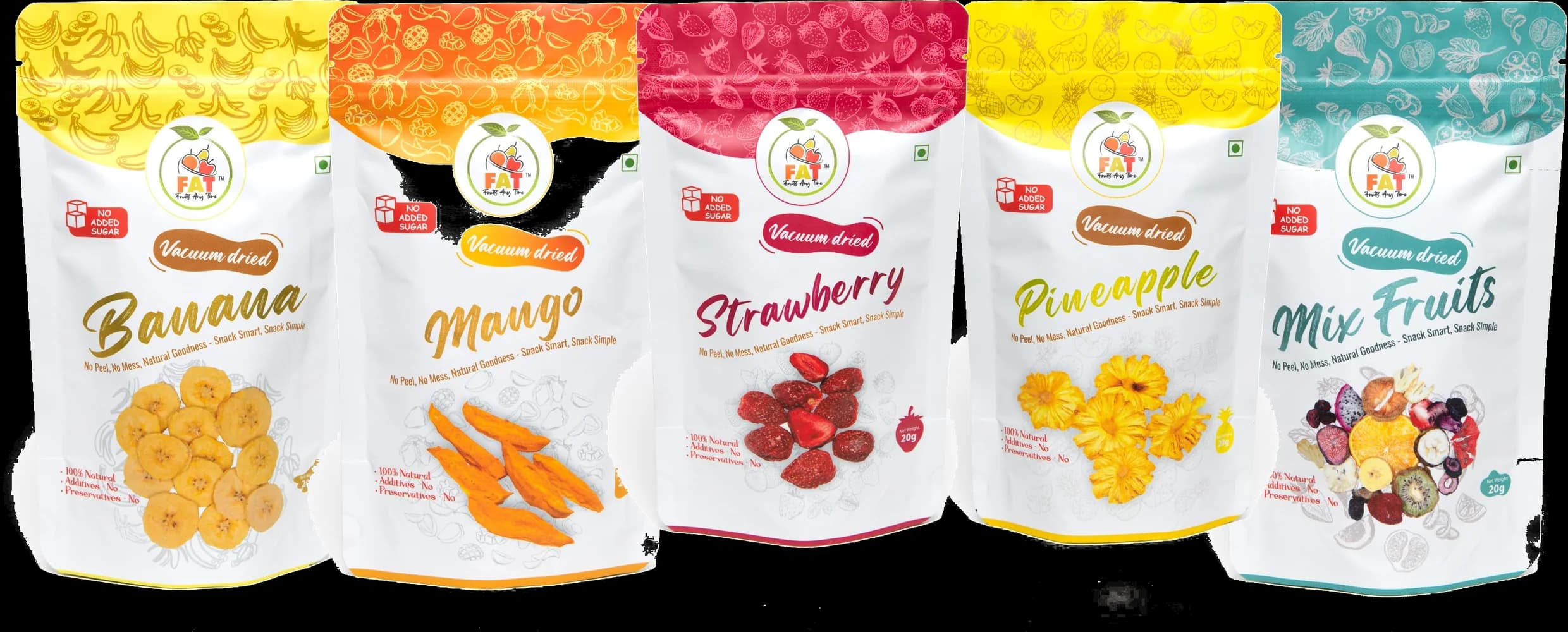Vacuum dried Banana, Mango, Strawberry, Pineapple and Mix Fruits pouches.